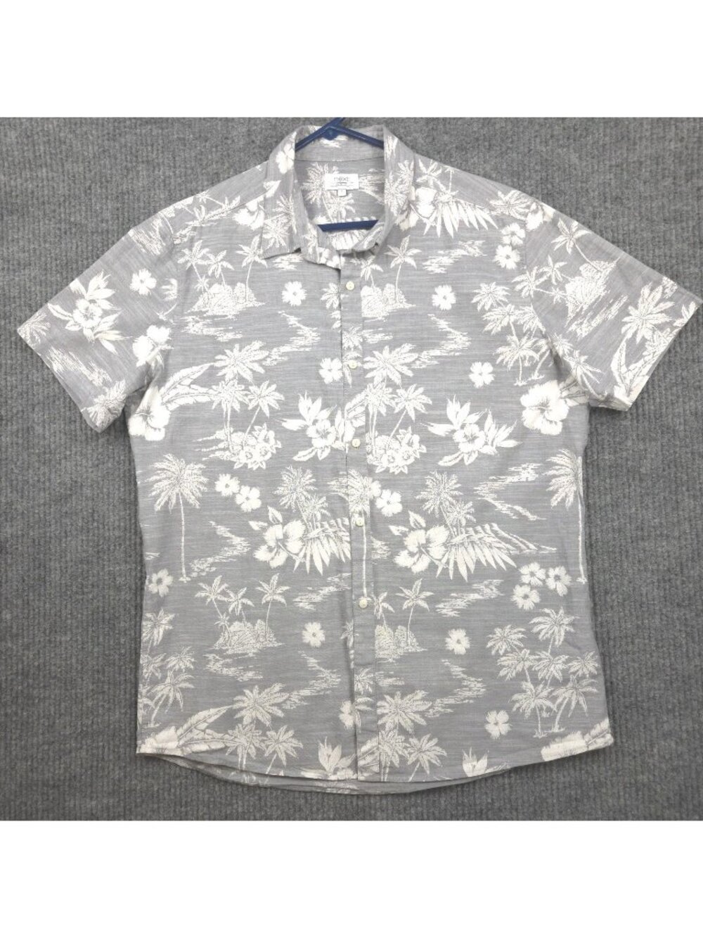 Next Slim Fit Gray White Tropical Button Up SS Shirt Men's L Palm Floral Hawaii